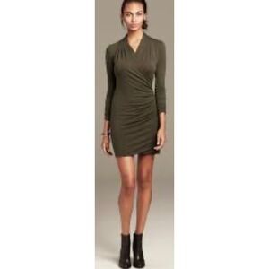 Banana Republic Olive Green Ruched V Neck Long Sleeve Dress XS